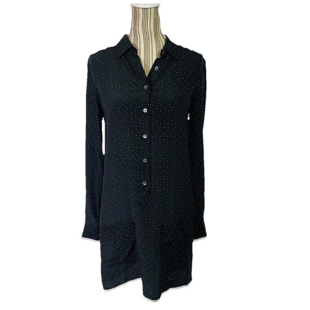 EQUIPMENT FEMME Black Silk Lucida Polka Dot Long Sleeve Collared Dress Sz XS